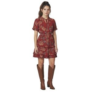 Band of the Free FP Connie Garnet Floral Mini Dress‎ Tassel V-Neck Ruffle Small